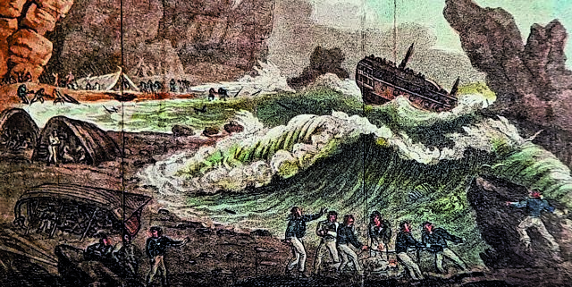 Γκραβούρα του 1805, παρουσιάζει τα μέλη του Γουέιτζερ στον καταυλισμό που είχαν χτίσει